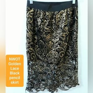 NWOT Black with Gold Lace Pencil Skirt